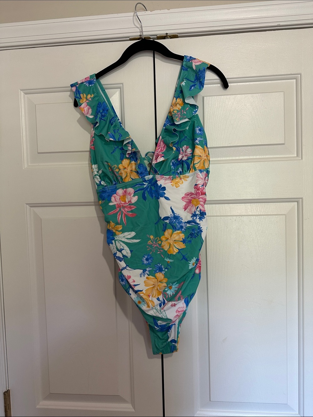 Ruffled Floral One-Piece Swimsuit - Green & White